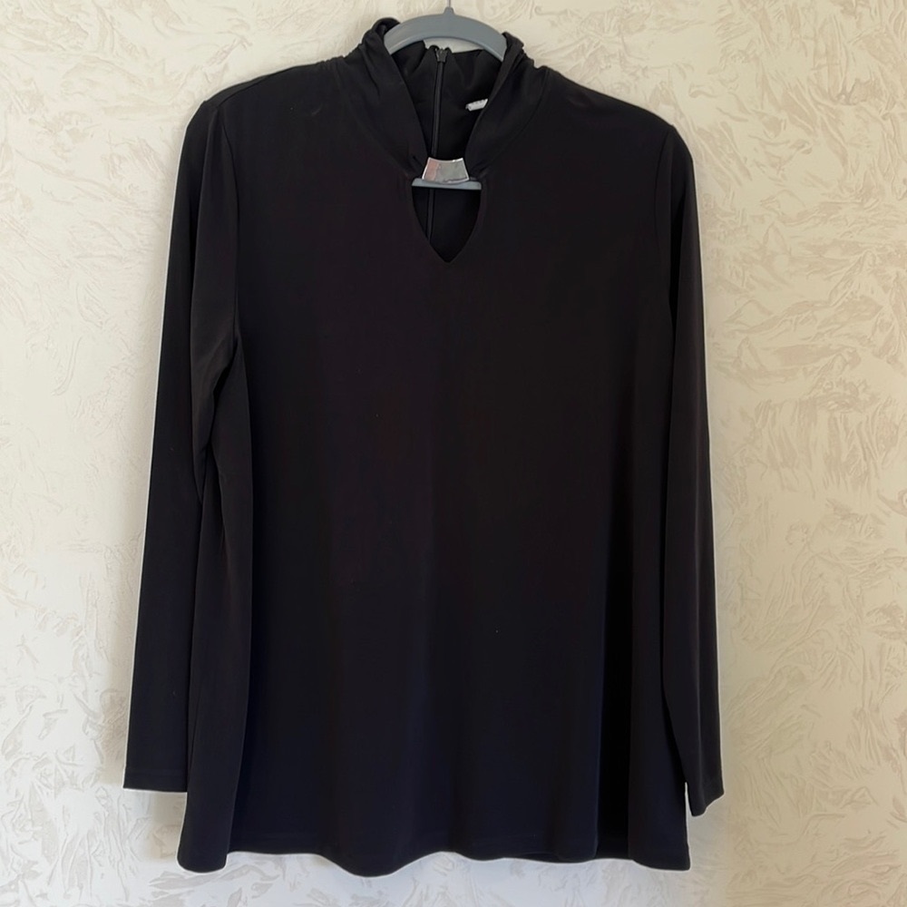 Susan Graver Black Silky & Silver High Neck Silver Long Sleeve Top Size M - Picture 1 of 5